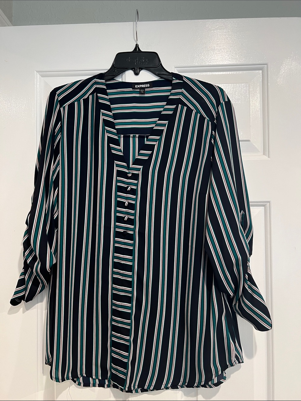 Express Striped Button-Front Blouse in Black, Teal & White